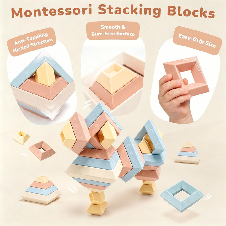 Child stacking colorful Montessori blocks during floor play