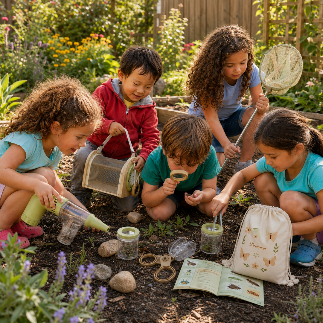 Kids collecting garden discoveries with a wooden bug catcher set
