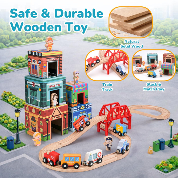 Wooden train playset with hospital, fire station, supermarket, and school buildings