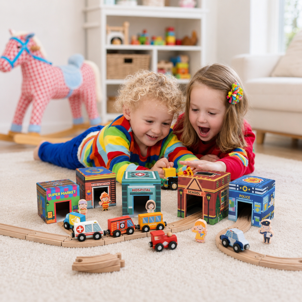 Wooden city train set with buildings, bridge, vehicles, and railway tracks