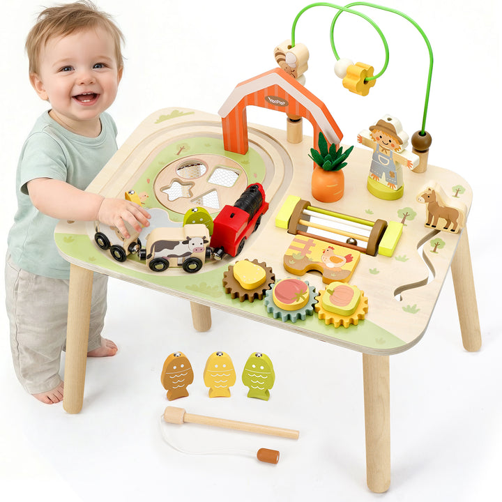Wooden farm activity table showing 10-in-1 activities and included accessories