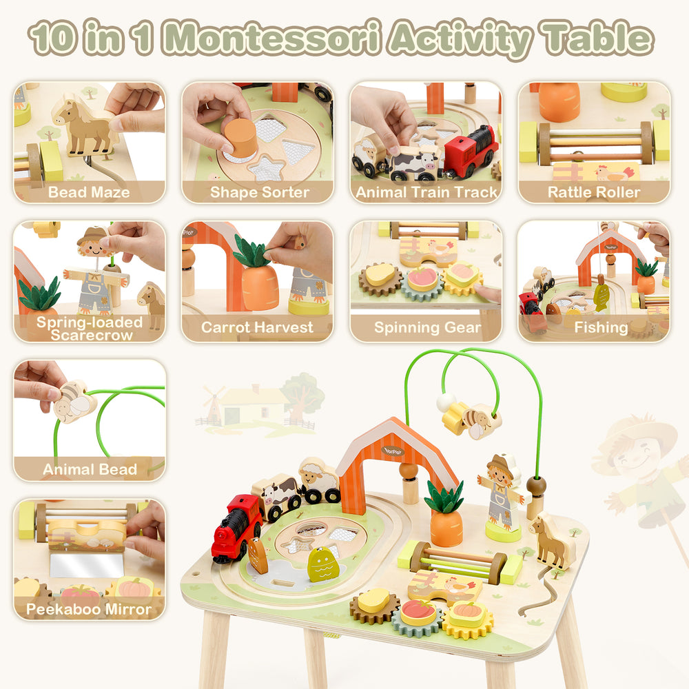 Wooden farm activity table showing magnetic animal train and track play