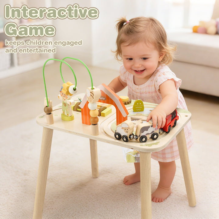 Wooden farm activity table with interactive gears and shape activities