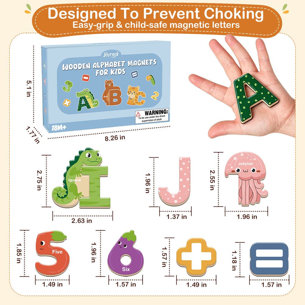 Wooden fridge magnets with letters, numbers, animals, and learning pieces