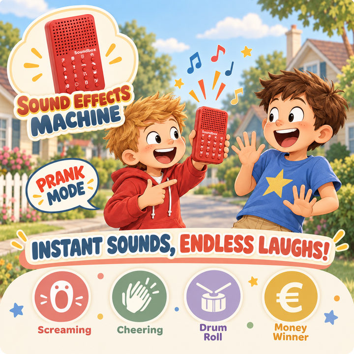A colorful promotional graphic for a red sound effects machine. Two cartoon children are shown outdoors in a suburban yard, holding and using the red speaker to produce musical notes and sound effects.