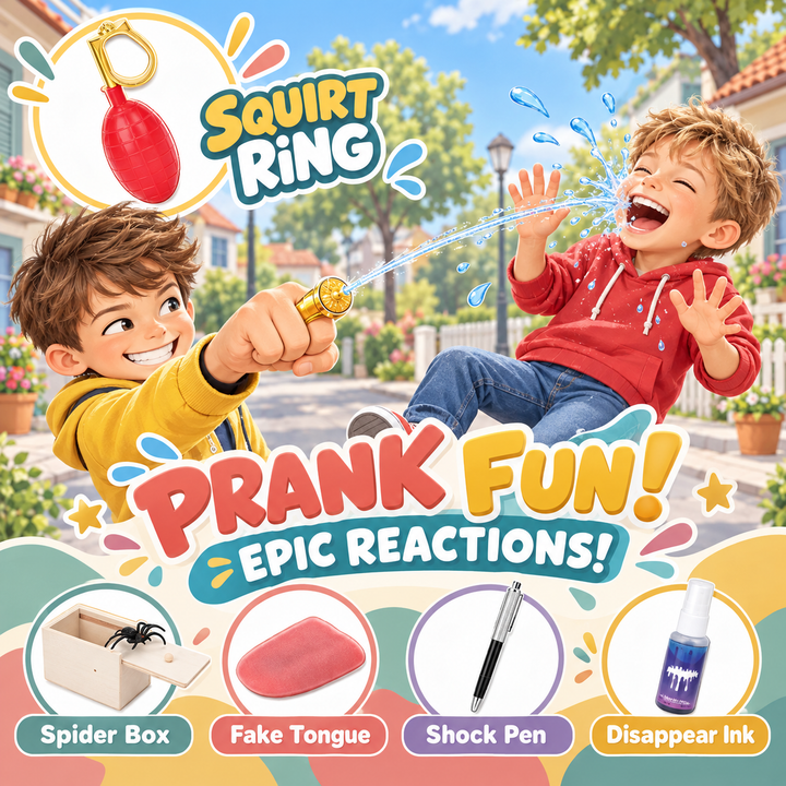 Promotional graphic for a prank set featuring two children outdoors with water spraying, plus product callouts for a red squirt ring, fake tongue, shock pen, and disappear ink.