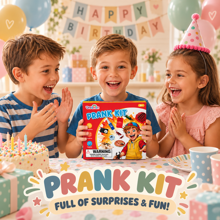 Three children celebrating at a party, with the center child holding a red and blue &