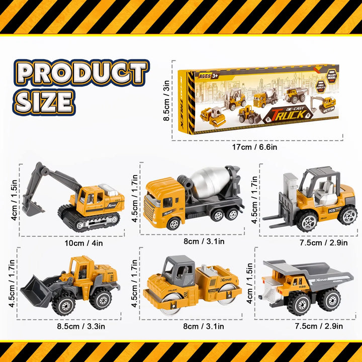 6-Pack Diecast Construction Trucks for Kids Ages 3+ 