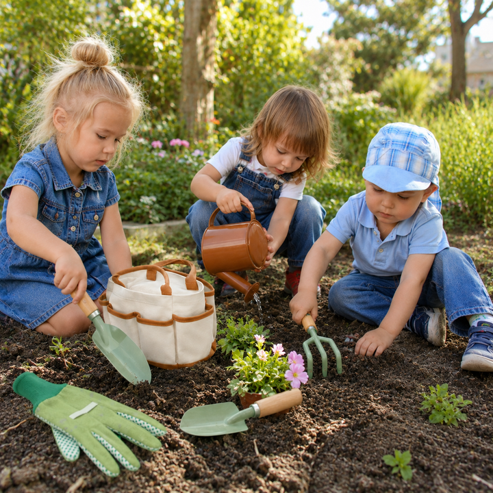 Children using a garden tools kit for outdoor planting play