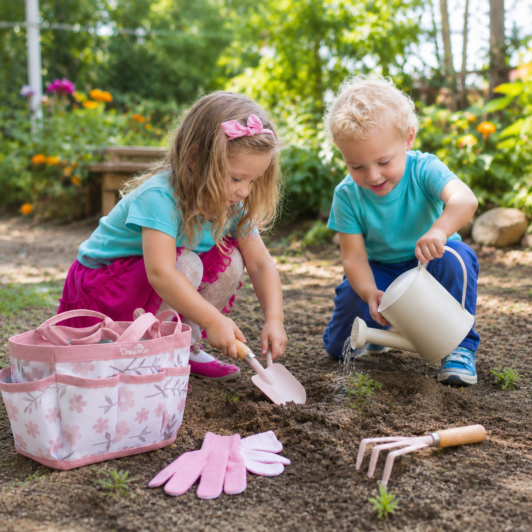 Children using gardening tools for hands-on outdoor play