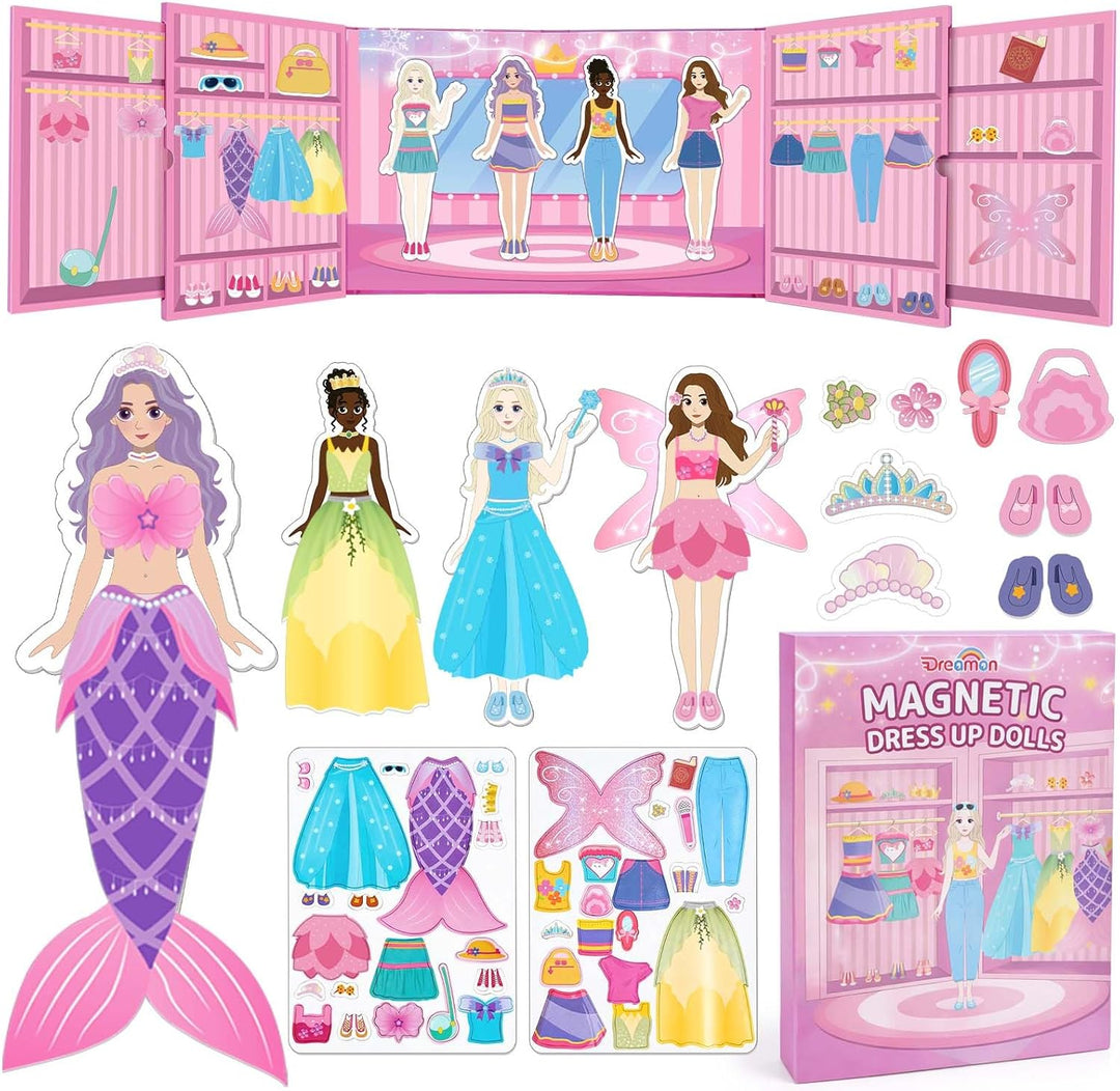 Magnetic dress-up dolls with princess, mermaid, and wardrobe pieces