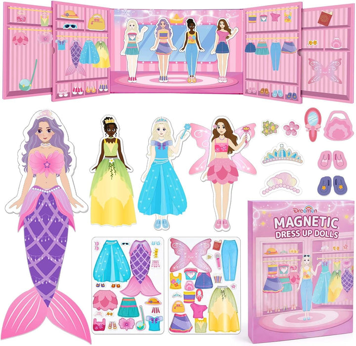 Magnetic dress-up dolls with princess, mermaid, and wardrobe pieces