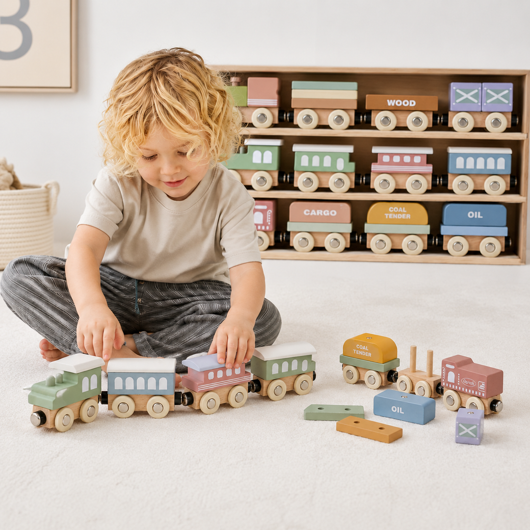 Child arranging colorful wooden magnetic train cars on the floor
