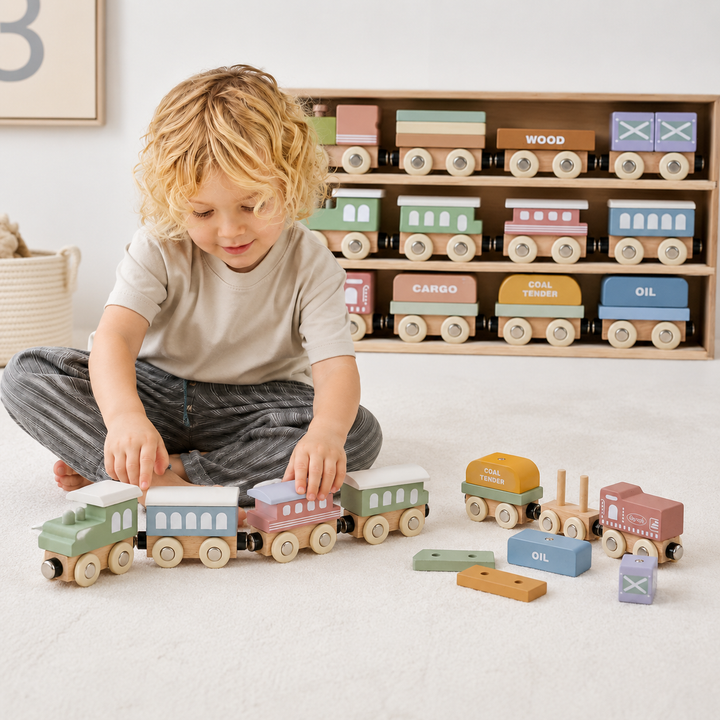 Child arranging colorful wooden magnetic train cars on the floor