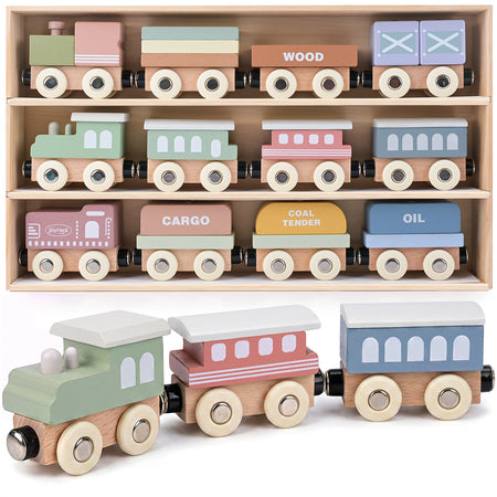 Wooden magnetic train cars with colorful cargo vehicles and storage box
