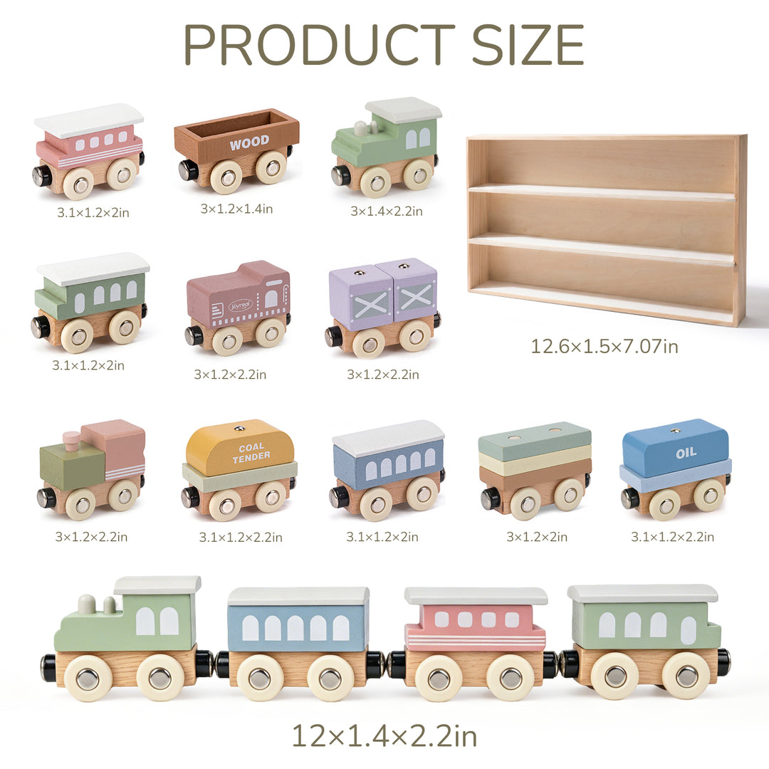 Wooden magnetic train set showing car sizes and storage box dimensions