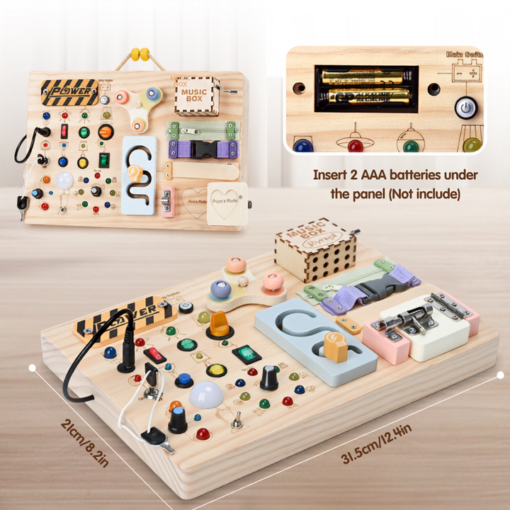 Child exploring switches and lights on a wooden sensory busy board