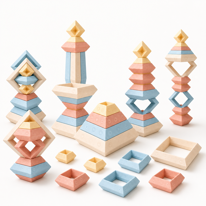 30-piece Montessori nesting blocks with colorful size markings