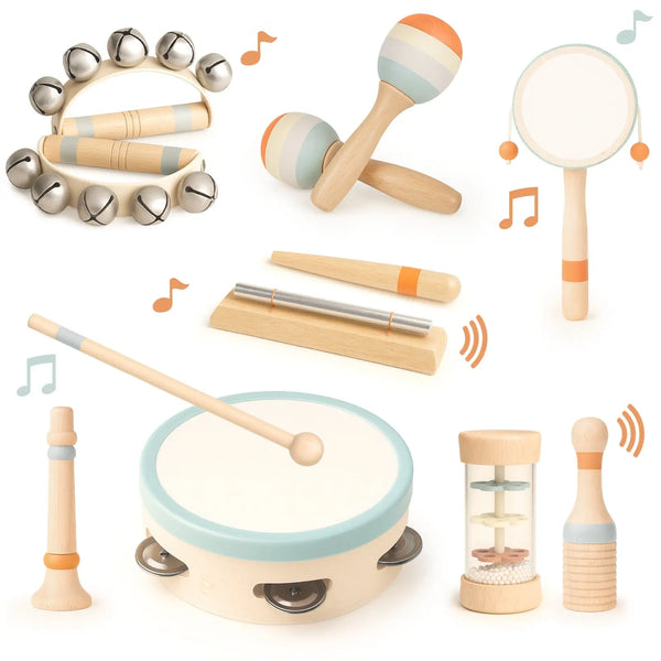 Wooden musical instrument set with drums, bells, and shakers