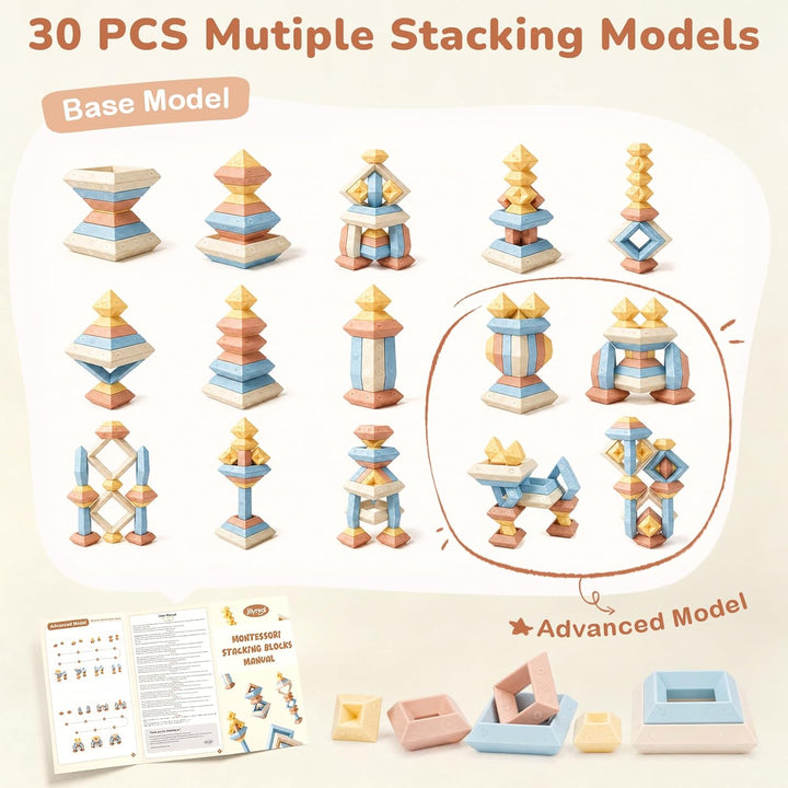 Nesting blocks showing numbers, shapes, and stacking play