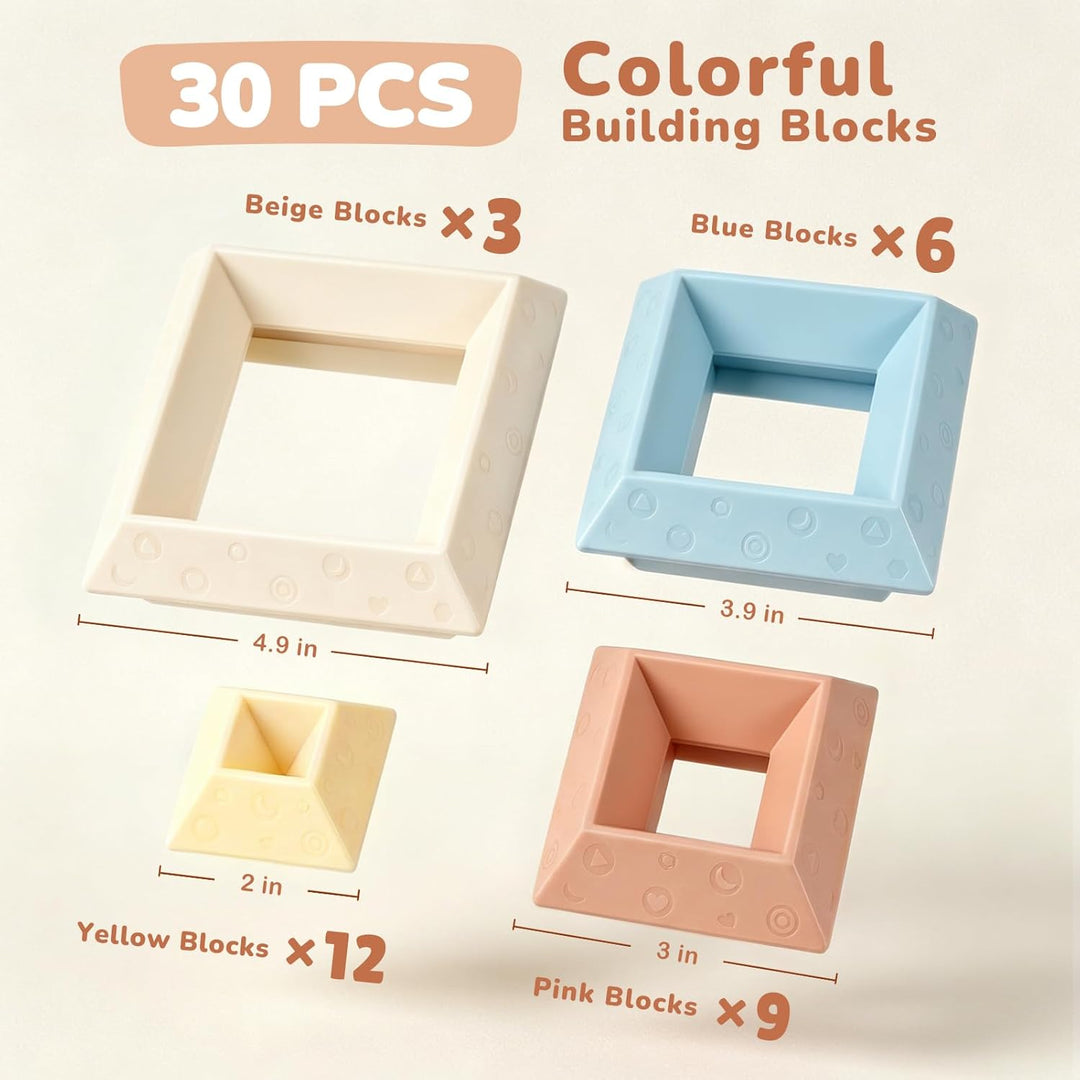 Montessori nesting blocks showing size comparison and learning details