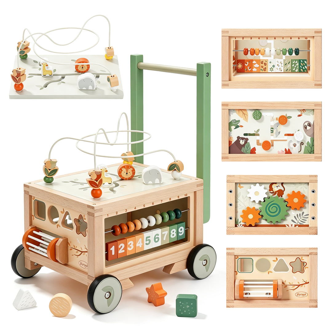 9-in-1 wooden baby walker showing bead maze, gears, abacus, and shape play