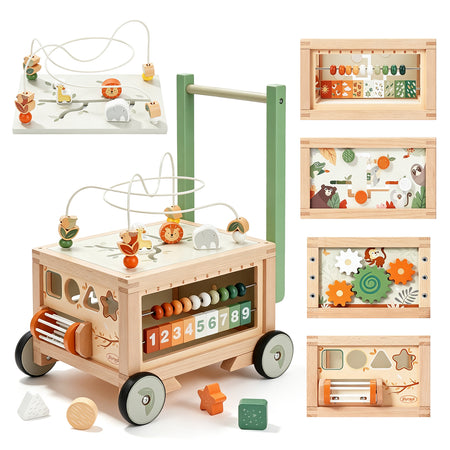 9-in-1 wooden baby walker showing bead maze, gears, abacus, and shape play