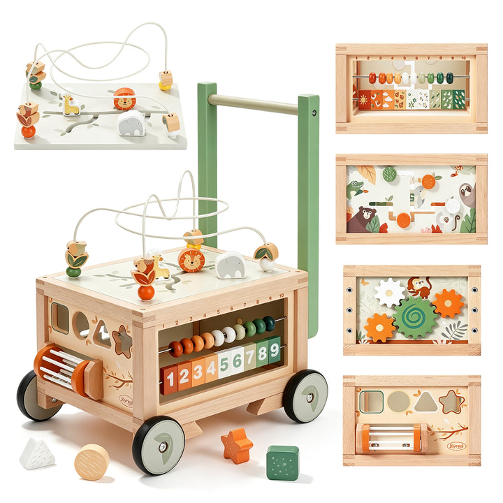 9-in-1 wooden baby walker showing bead maze, gears, abacus, and shape play
