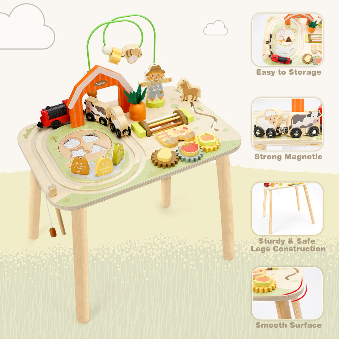 Parent and toddler playing together at a wooden farm activity table
