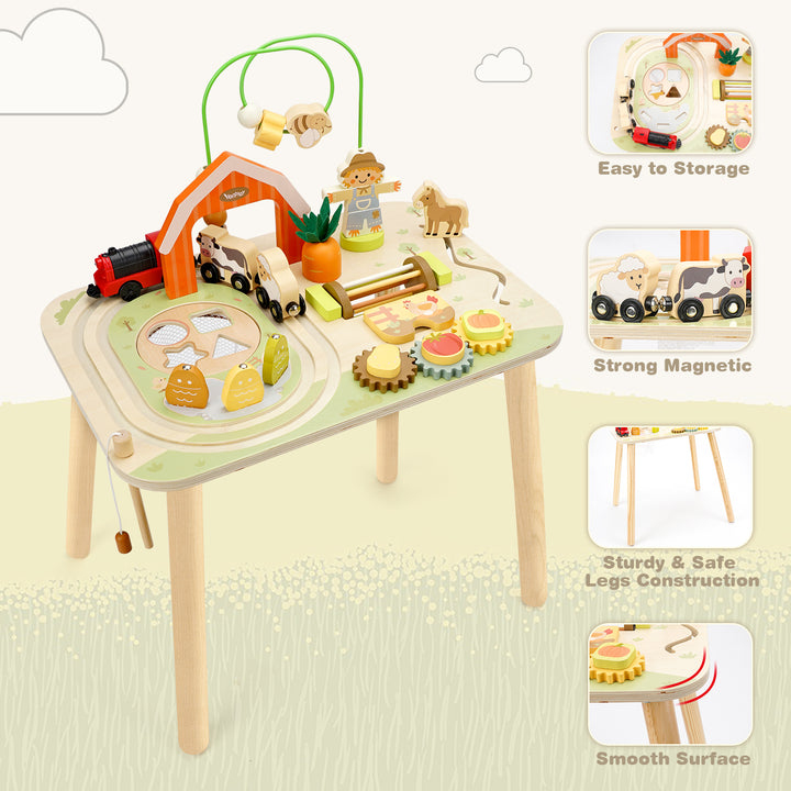 Parent and toddler playing together at a wooden farm activity table
