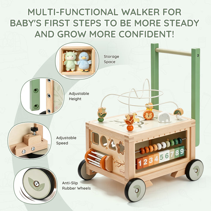 Parent and toddler using a wooden push walker during floor play