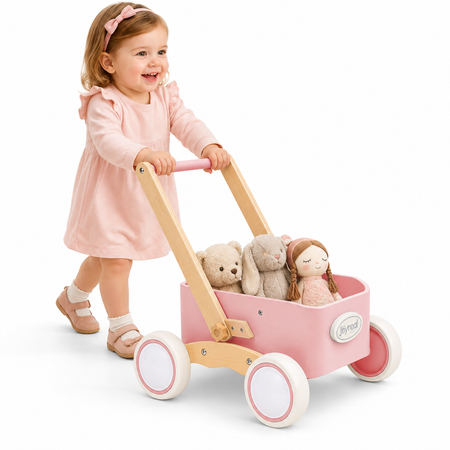 Pink wooden baby walker wagon with storage bin and teddy bears