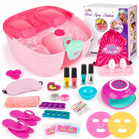 Pink kids spa playset with foot bath, nail dryer, and accessories