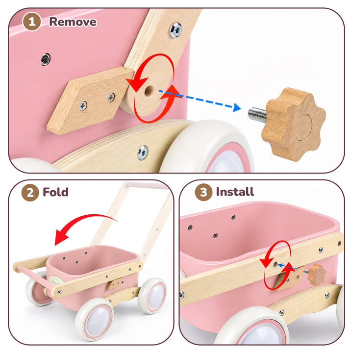 Three-panel instruction graphic showing how to remove, fold, and install a wooden handle attachment on a pink children&