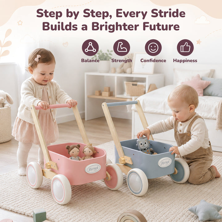 Pink wooden walker wagon showing indoor play and storage use