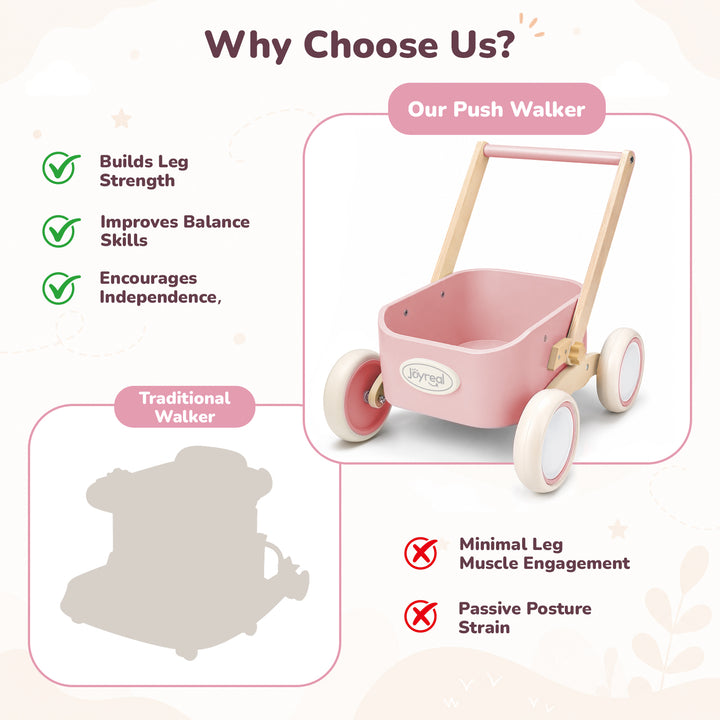 Pink wooden walker wagon with storage bin and adjustable push handle