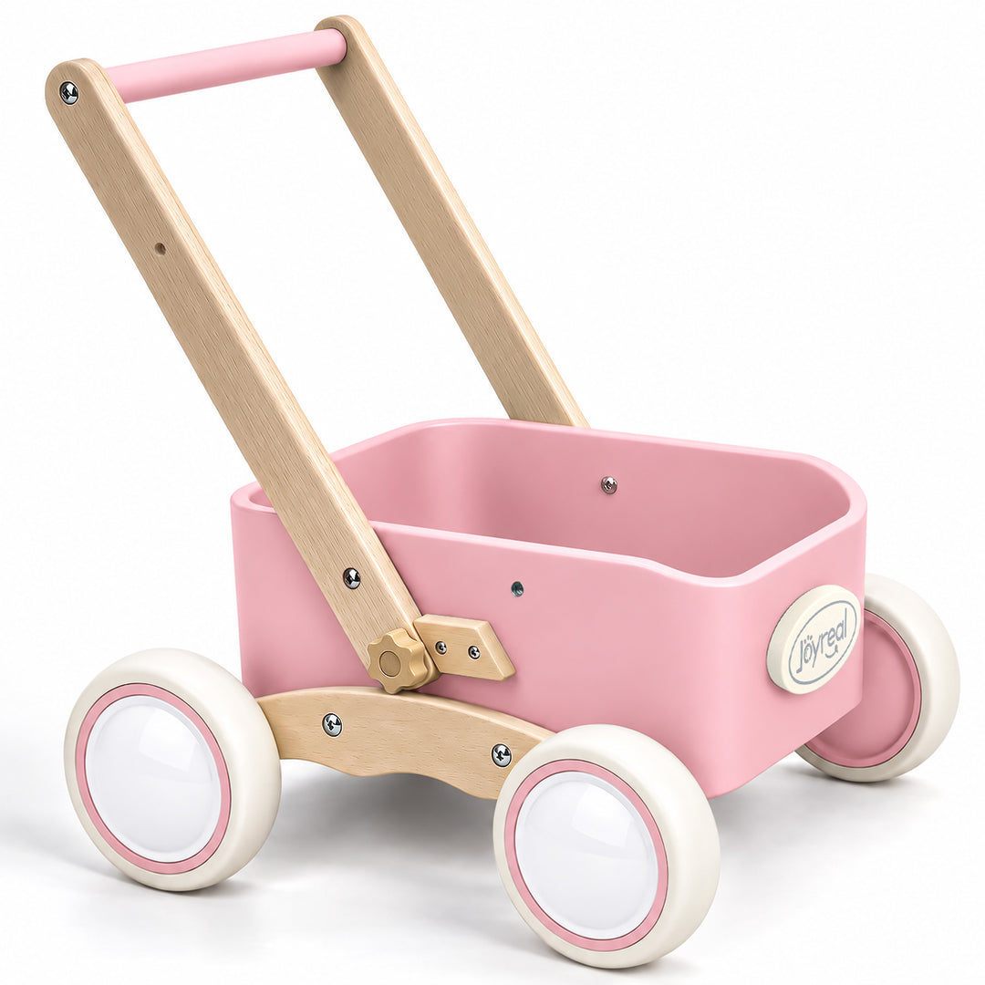 Pink wooden walker wagon with removable storage box