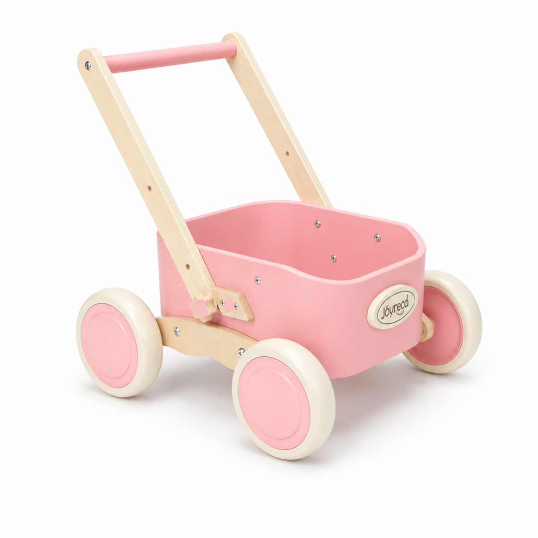 Pink wooden walker wagon with removable storage box