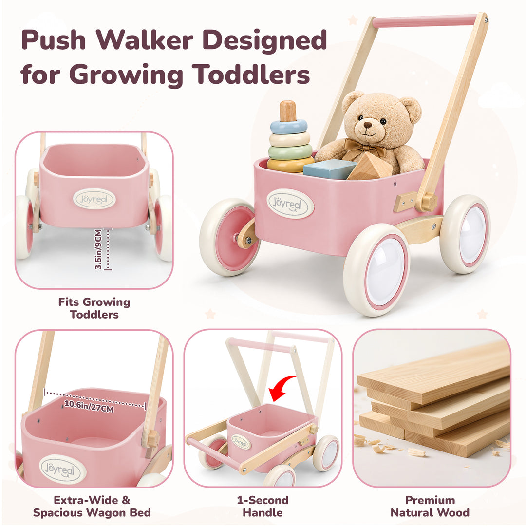 Pink 2-in-1 walker wagon with removable storage and push handle