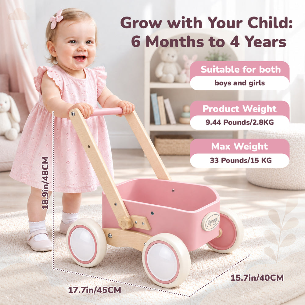 Pink wooden walker wagon product feature and storage details