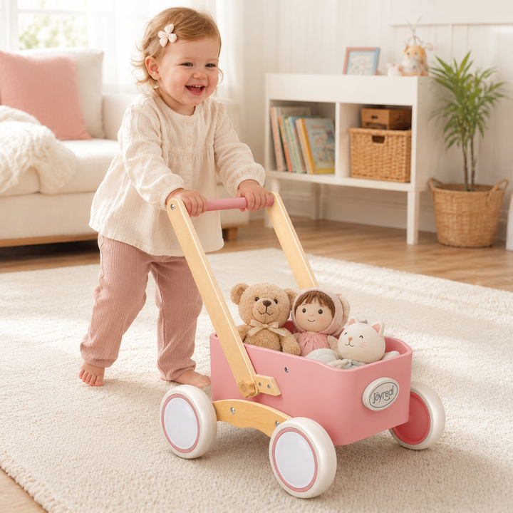 Pink wooden walker wagon with teddy bear storage compartment