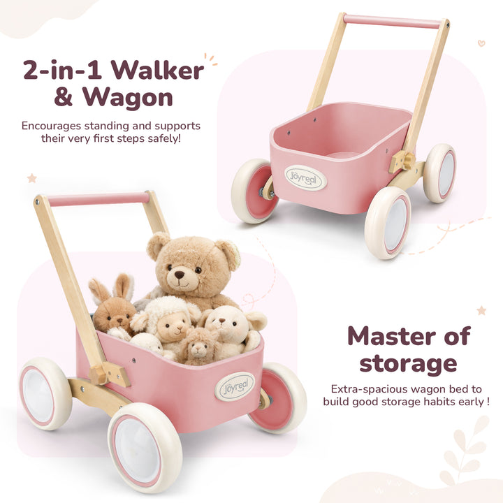 Pink wooden walker wagon feature graphic showing toddler-friendly design