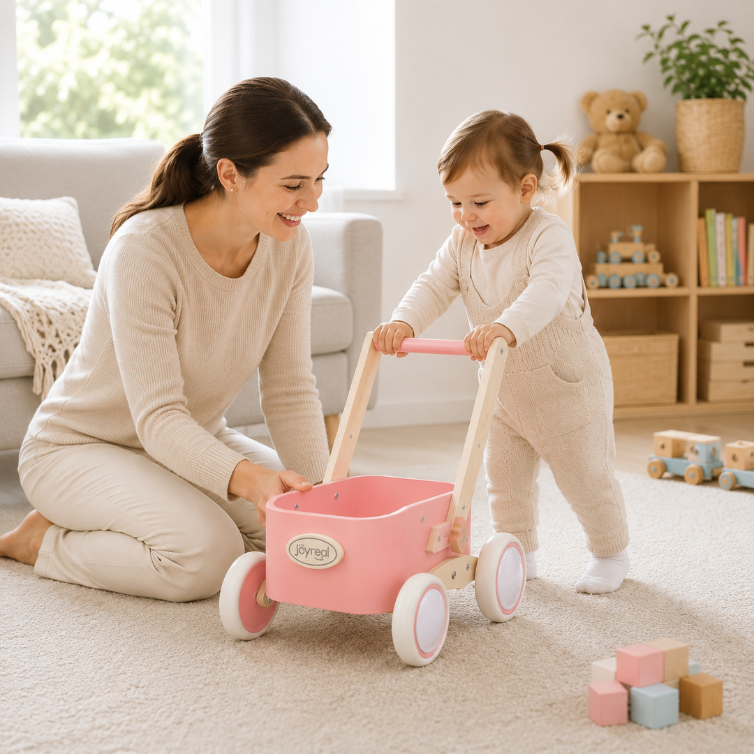 Pink wooden walker wagon with storage bin and push handle