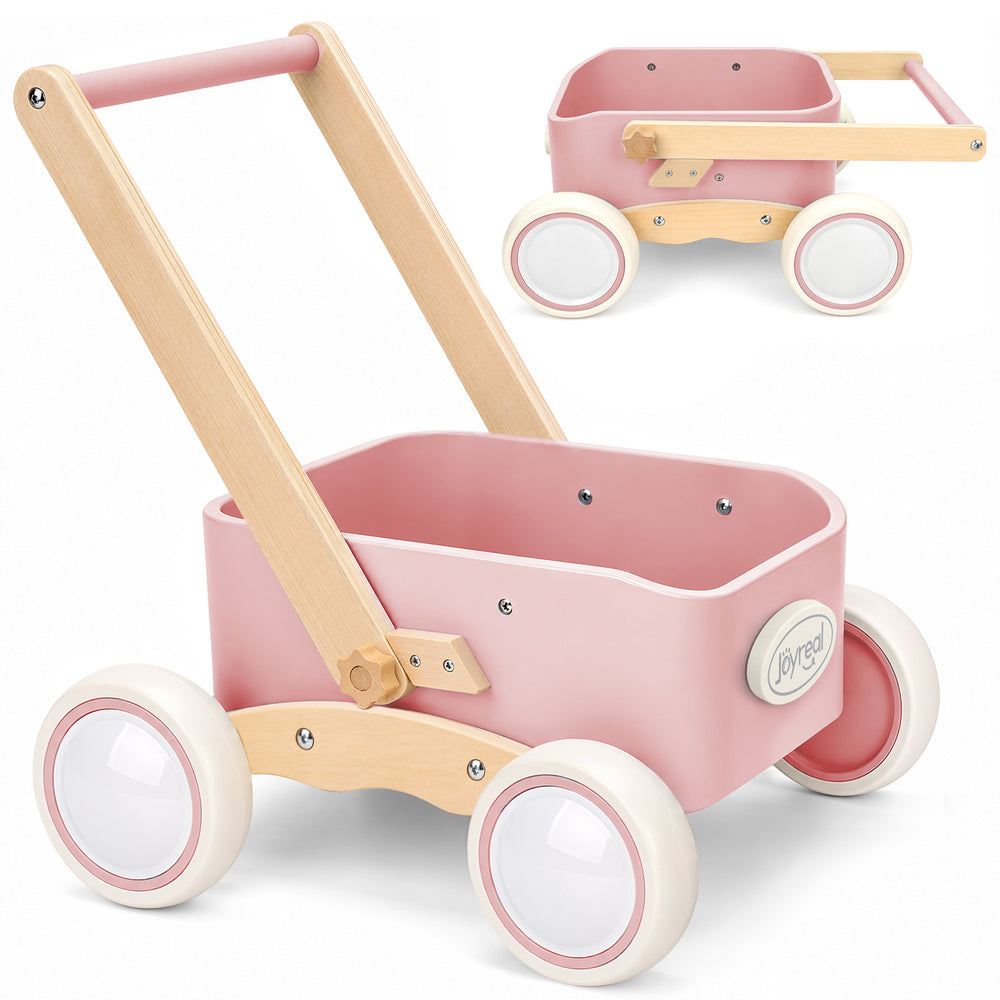 Pink wooden walker wagon showing wide wheels and front storage compartment