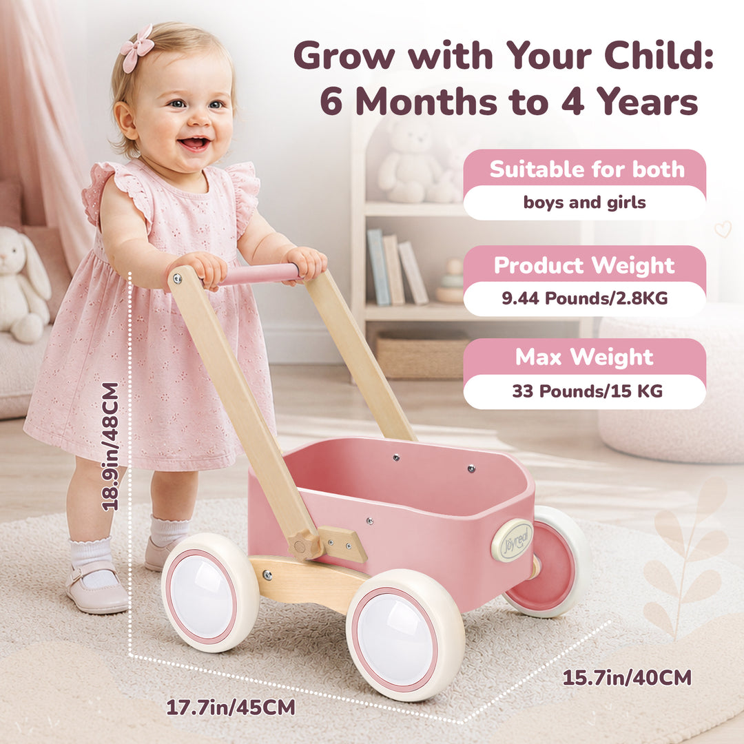 Pink wooden baby walker wagon with wide stable wheels