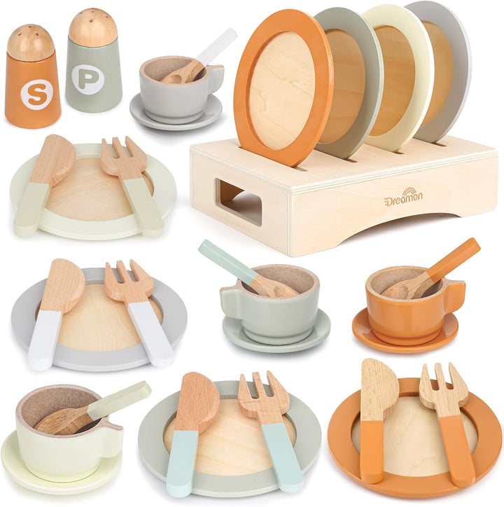Wooden Play Dishes and Plates Set, 27 PCS Kitchen Accessories for Kids Pretend Play