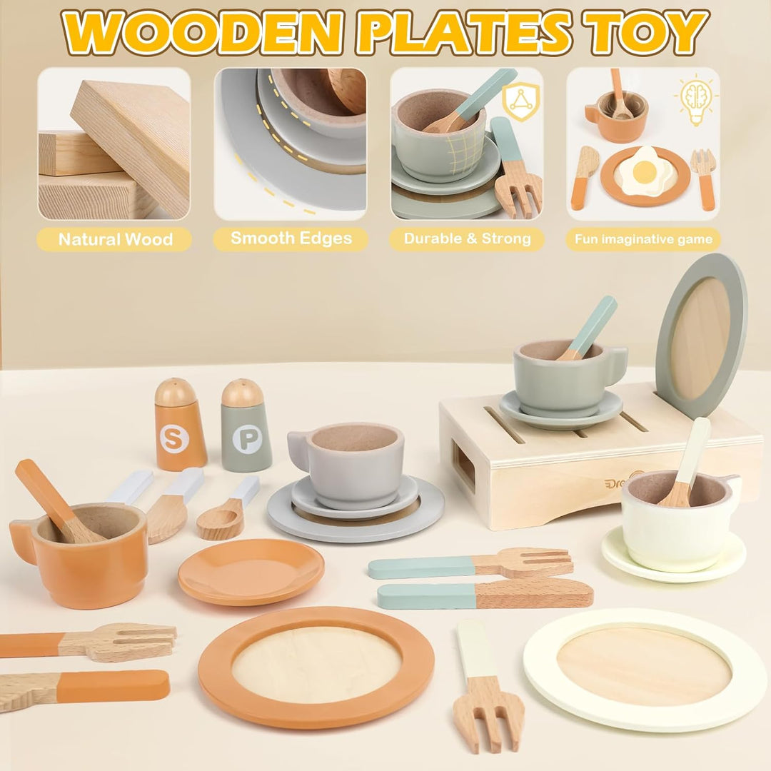 Wooden Play Dishes and Plates Set, 27 PCS Kitchen Accessories for Kids Pretend Play