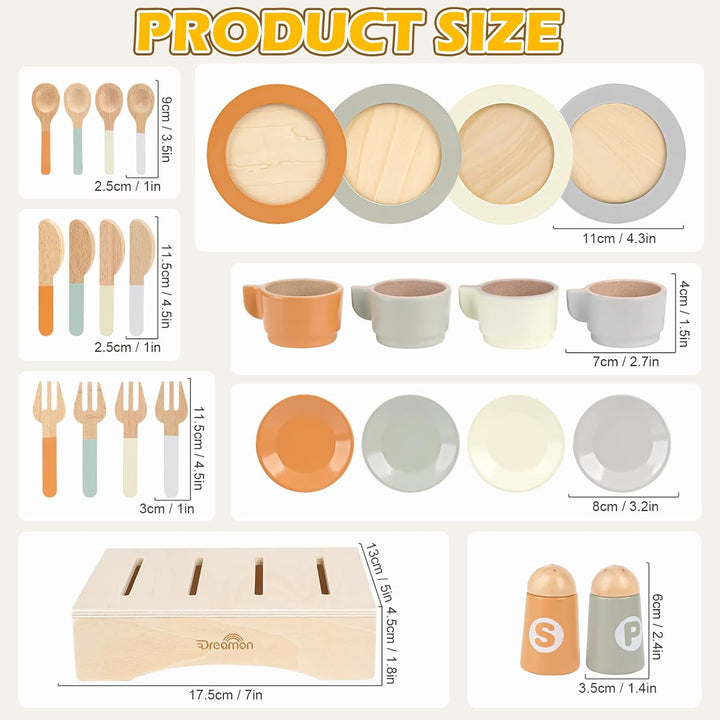 Wooden Play Dishes and Plates Set, 27 PCS Kitchen Accessories for Kids Pretend Play