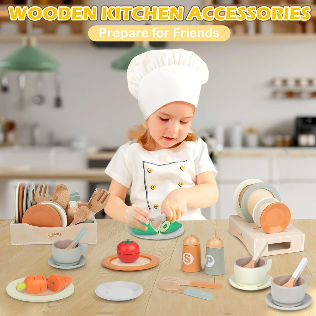 Wooden Play Dishes and Plates Set, 27 PCS Kitchen Accessories for Kids Pretend Play
