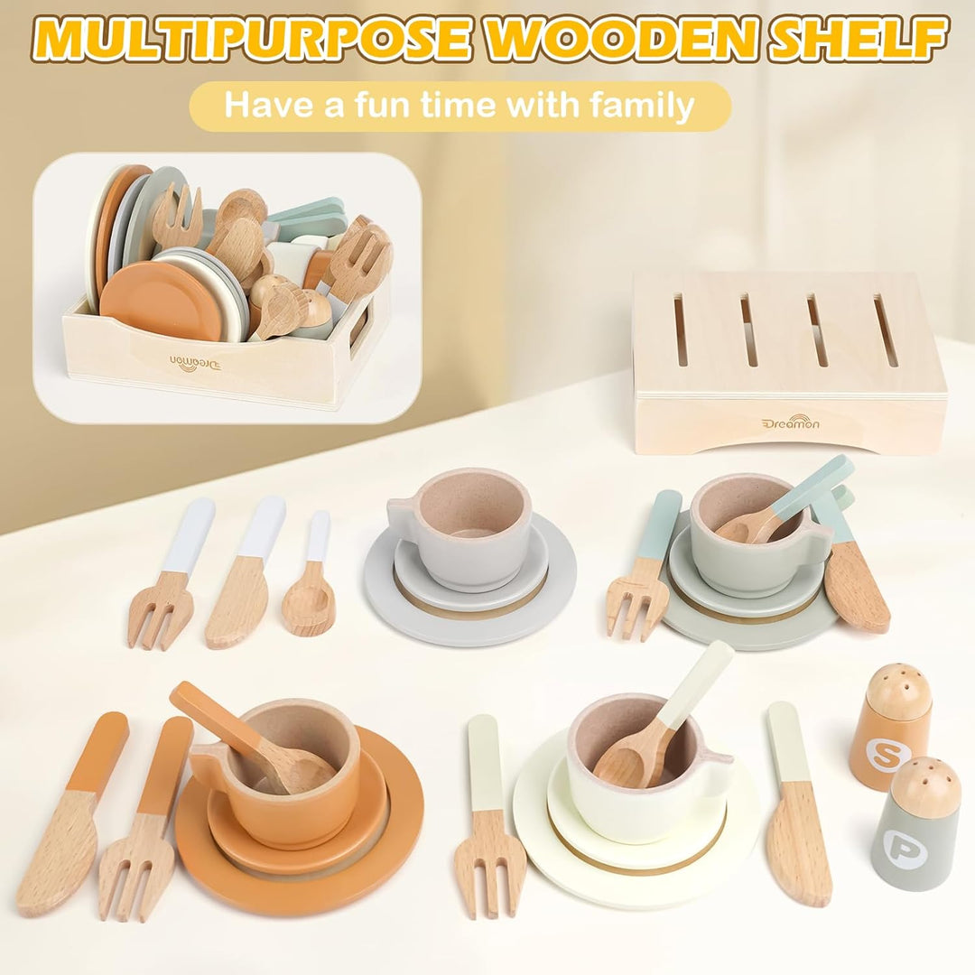 Wooden Play Dishes and Plates Set, 27 PCS Kitchen Accessories for Kids Pretend Play